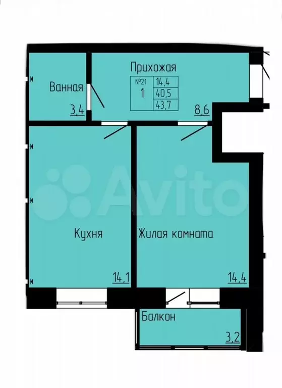 1-к. квартира, 43,7 м, 4/4 эт. - Фото 0