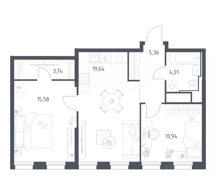 2-к кв. Москва Квартал на воде жилой комплекс, к5 (59.27 м) - Фото 1