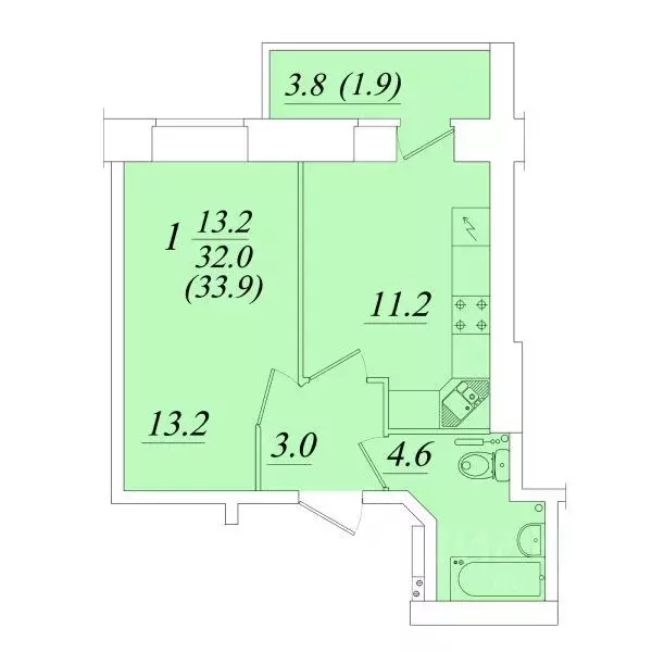 1-к кв. Вологодская область, Вологда  (33.9 м) - Фото 1
