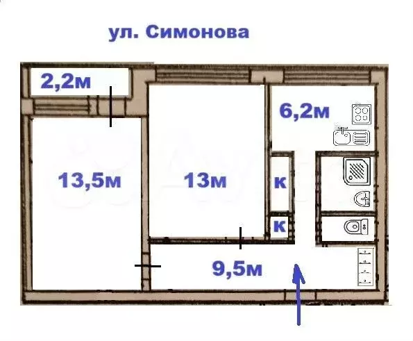 2-к. квартира, 45,6 м, 4/9 эт. - Фото 0