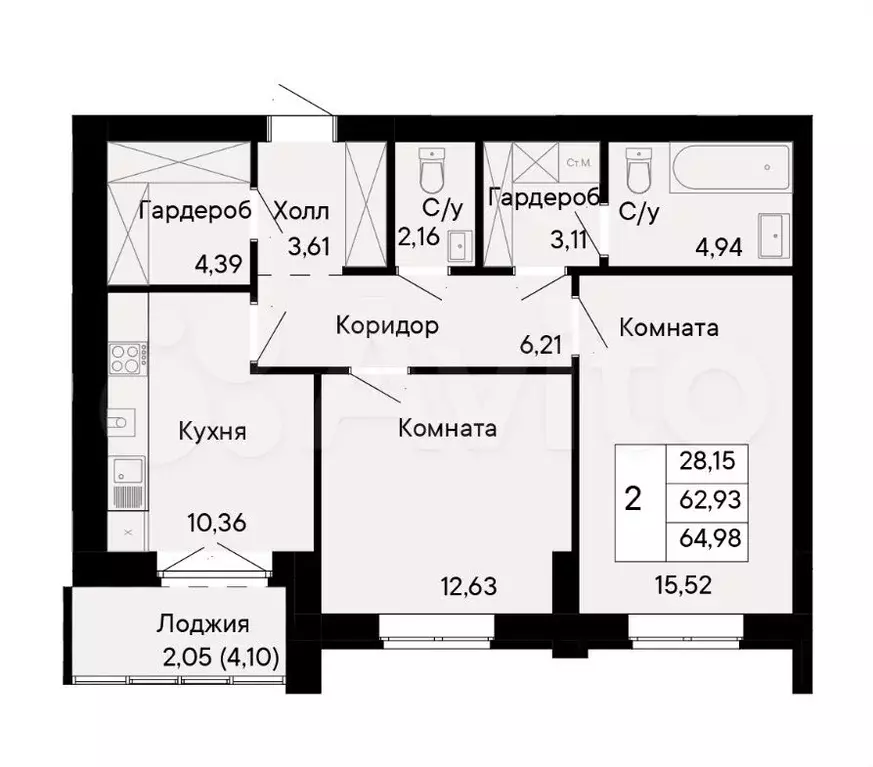 2-к. квартира, 65 м, 3/8 эт. - Фото 1