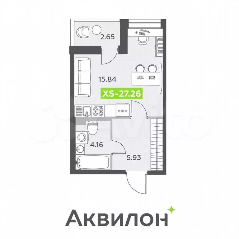 Квартира-студия, 27,3м, 2/13эт. - Фото 1