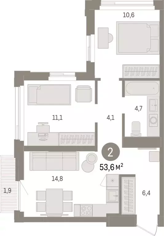 2-комнатная квартира: Тюмень, жилой комплекс Зарека (53.61 м) - Фото 1