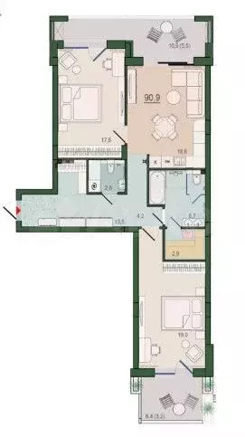 2-к. квартира, 91 м, 2/10 эт. - Фото 1