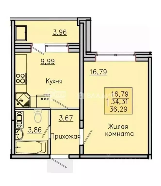 1-к кв. Воронежская область, с. Новая Усмань, Южный мкр  (36.29 м) - Фото 0