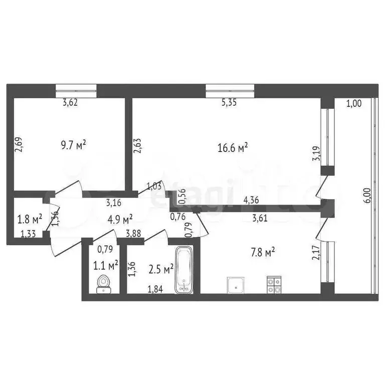 2-к. квартира, 44,3 м, 1/2 эт. - Фото 1