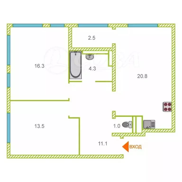2-комнатная квартира: Тюмень, улица Монтажников, 44 (67 м) - Фото 2