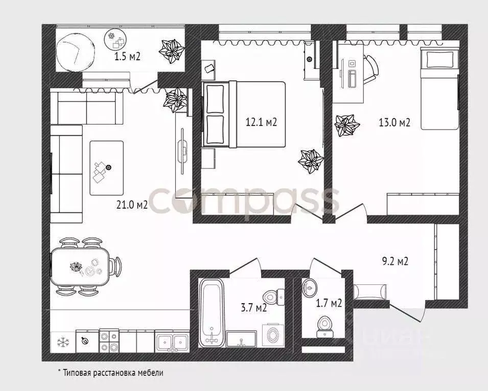 2-к кв. Тюменская область, Тюмень Полевая ул., 117к4 (62.2 м) - Фото 0