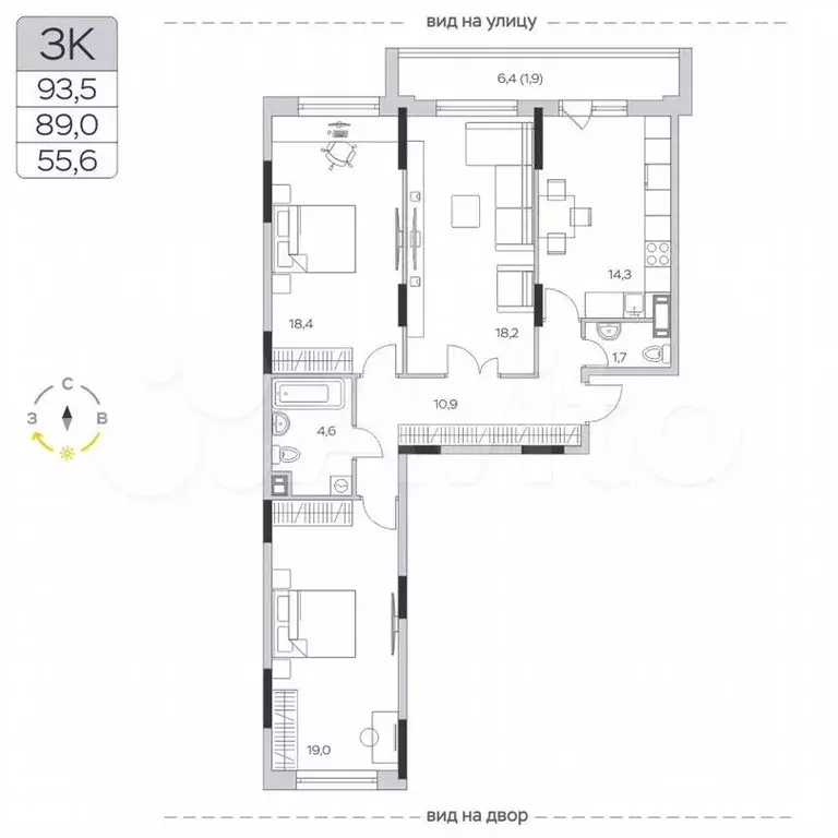 3-к. квартира, 89м, 7/9эт. - Фото 0