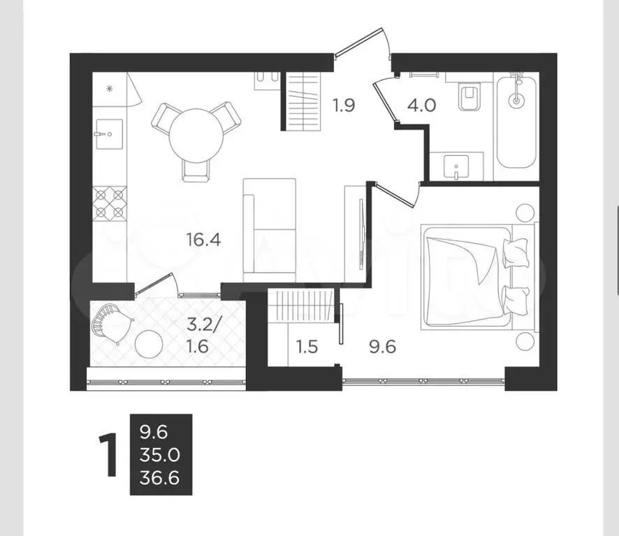 1-к. квартира, 35 м, 4/4 эт. - Фото 0