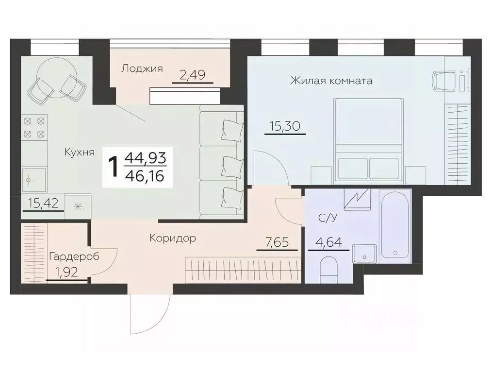 1-к кв. Воронежская область, Воронеж Ленинградская ул., 29Б (46.16 м) - Фото 0