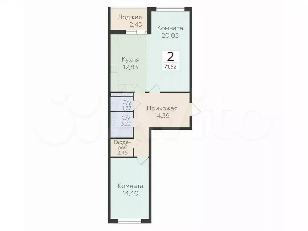 2-к. квартира, 71,5 м, 1/8 эт. - Фото 0