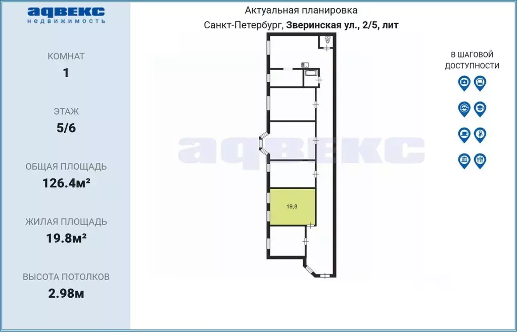 Комната Санкт-Петербург Зверинская ул., 2/5 (19.8 м) - Фото 2