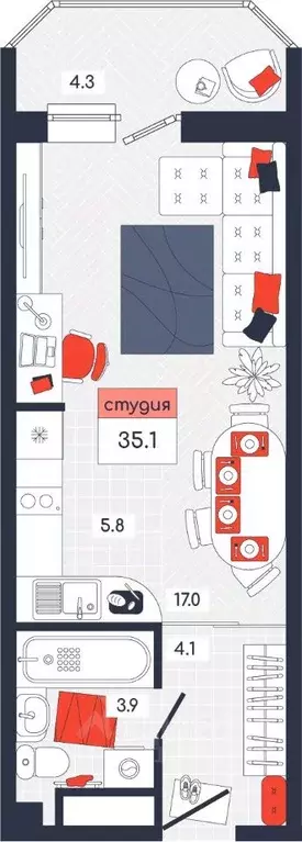 Студия Тульская область, Тула ул. Академика Насоновой, 9 (35.1 м) - Фото 1