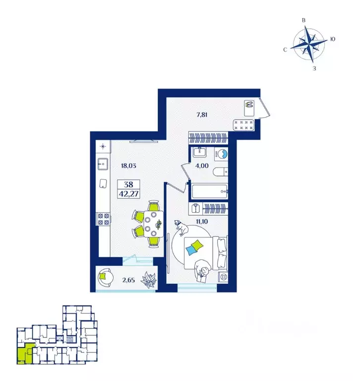 1-к кв. Калининградская область, Зеленоградск  (42.27 м) - Фото 1