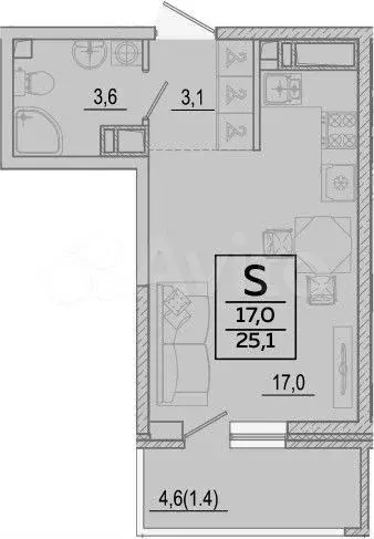 Квартира-студия, 25,1 м, 24/24 эт. - Фото 1