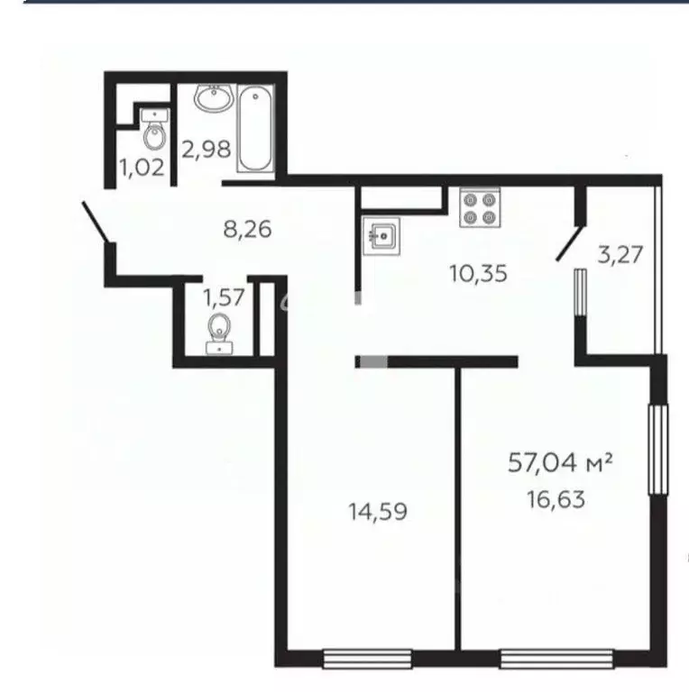 Квартира, 2 комнаты, 57.04 м - Фото 1