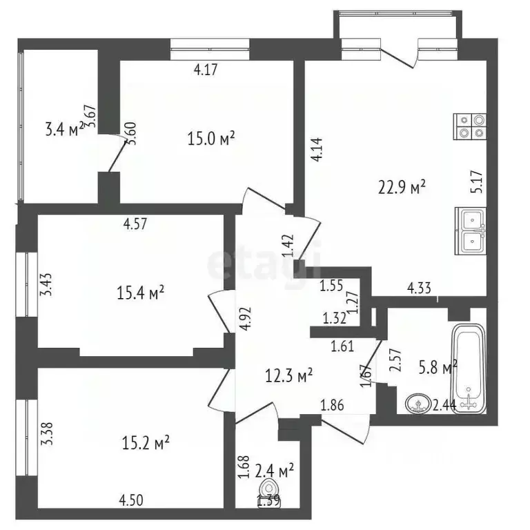 3-к кв. Калининградская область, Калининград ул. Миргородская, 2 (89.0 ... - Фото 2