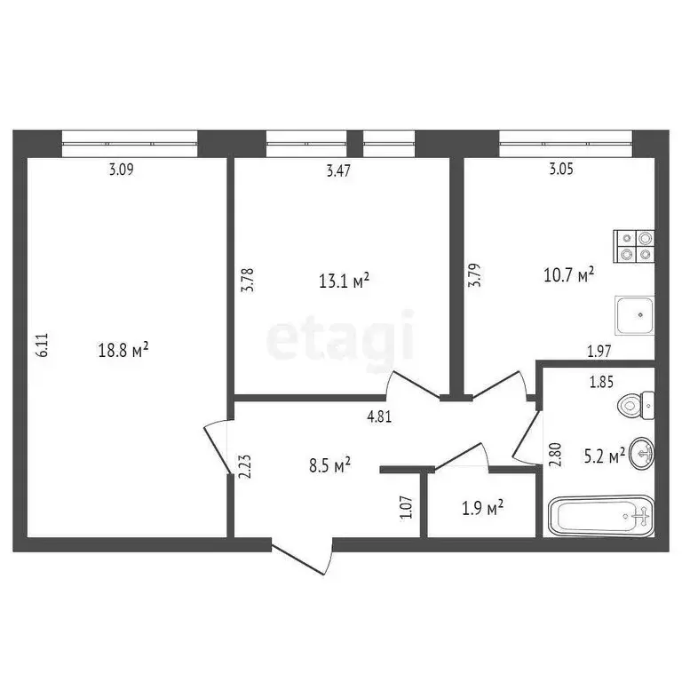 2-комнатная квартира: Тюмень, Полевая улица, 117к4 (50.8 м) - Фото 1