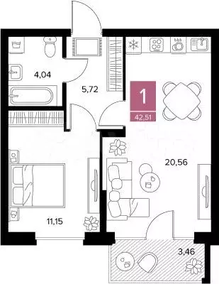 1-к. квартира, 42,5 м, 2/9 эт. - Фото 0