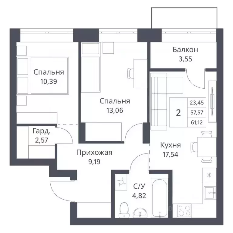 2-к кв. Новосибирская область, Новосибирск Игарская ул., 40/2 (57.57 ... - Фото 0