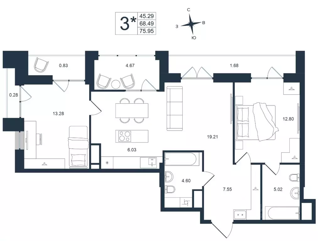 3-к кв. Приморский край, Владивосток Архитектор жилой комплекс (75.95 ... - Фото 1