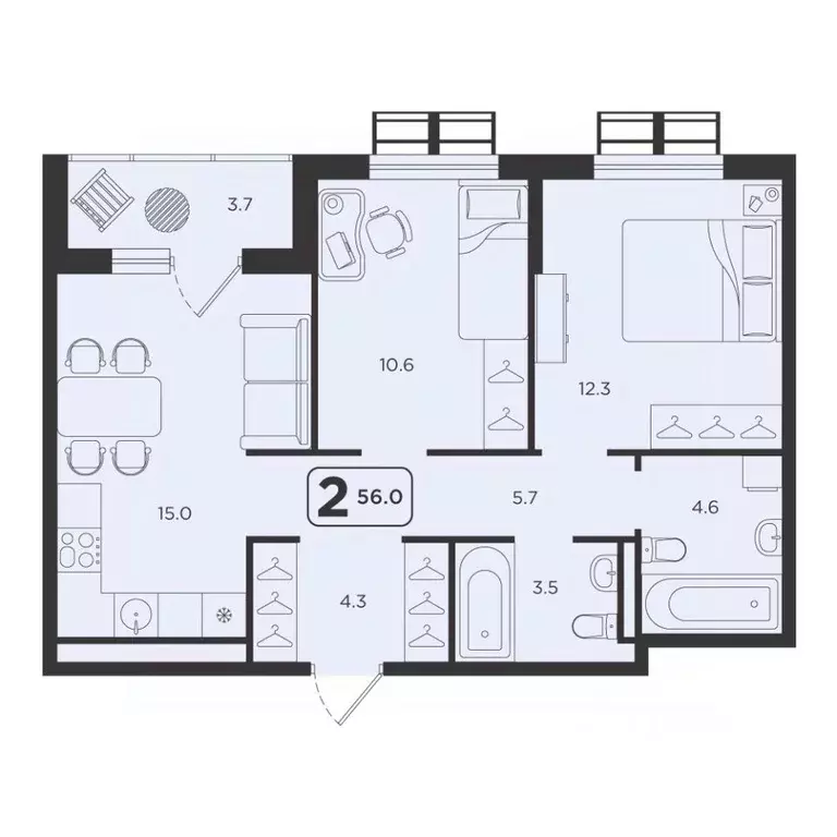 2-к кв. Тюменская область, Тюмень  (56.0 м) - Фото 1