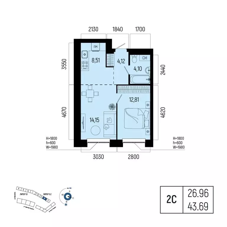2-комнатная квартира: Уфа, улица Рудольфа Нуреева, 7 (43.69 м) - Фото 1