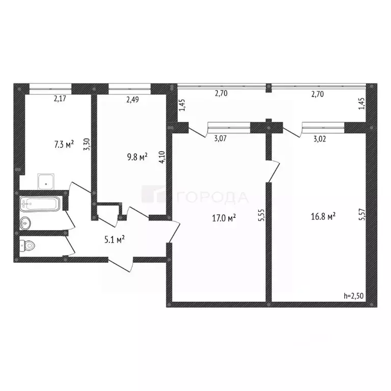 3-к кв. Кемеровская область, Новокузнецк ул. Кирова, 77 (60.0 м) - Фото 2
