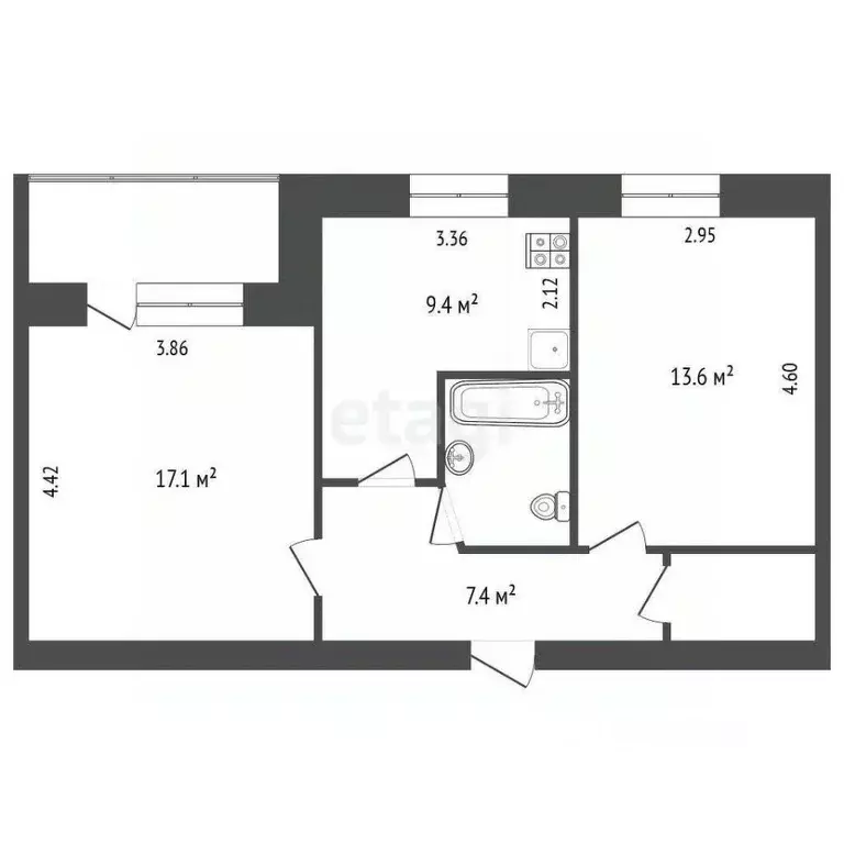 2-к кв. Архангельская область, Архангельск ул. Логинова, 16 (53.3 м) - Фото 2