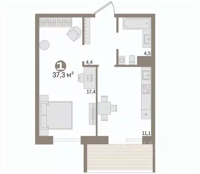 1-к кв. Тюменская область, Тюмень Профсоюзная ул., 59 (37.3 м) - Фото 2