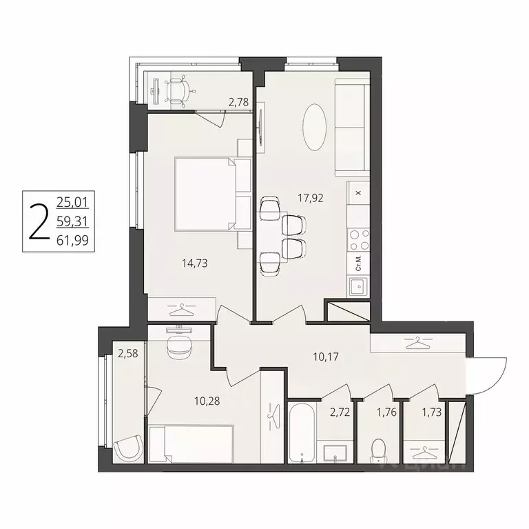 2-к кв. Волгоградская область, Волгоград ул. Степана Разина, 27 (61.99 ... - Фото 1