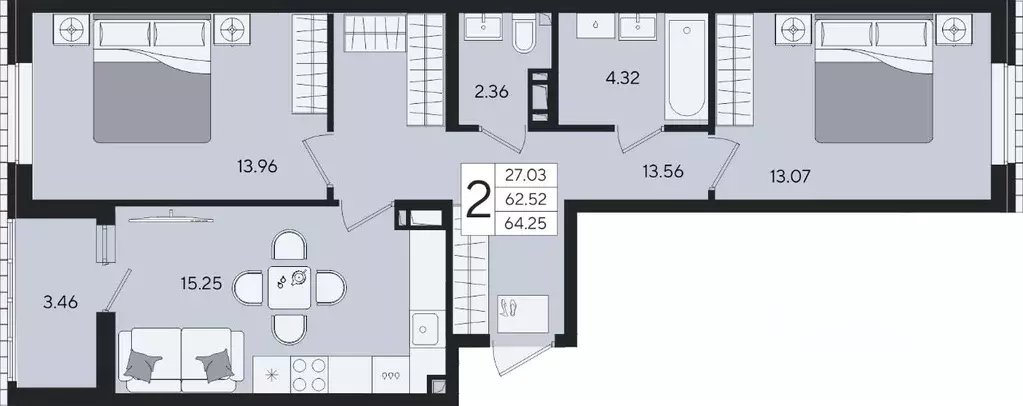 2-к кв. Краснодарский край, Краснодар  (64.25 м) - Фото 2