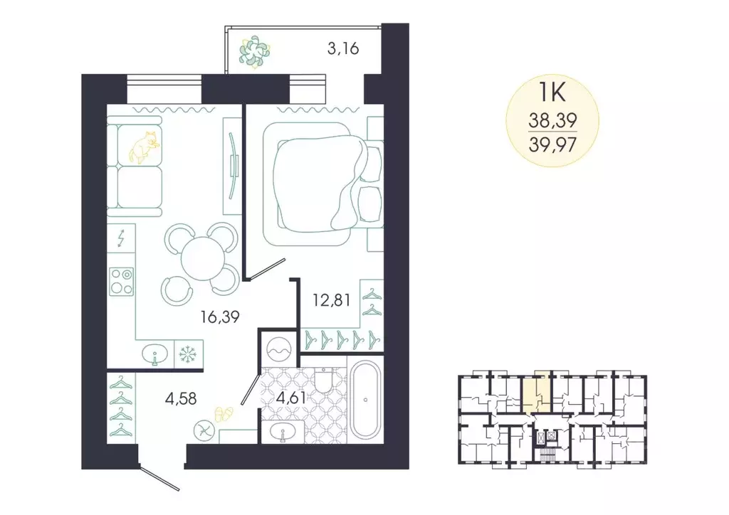 1-к кв. Пензенская область, Пенза Колышлейская ул., 7 (39.97 м) - Фото 1