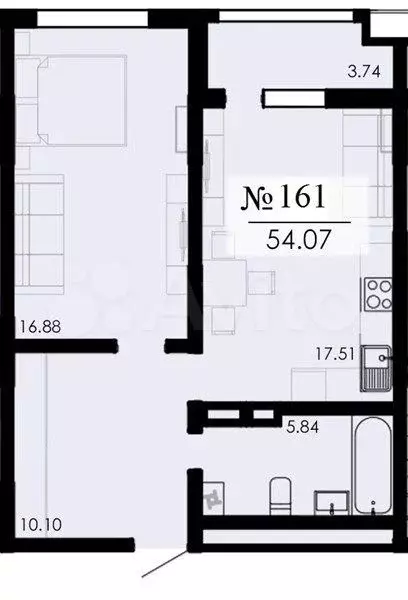 1-к. квартира, 54,1 м, 7/13 эт. - Фото 1
