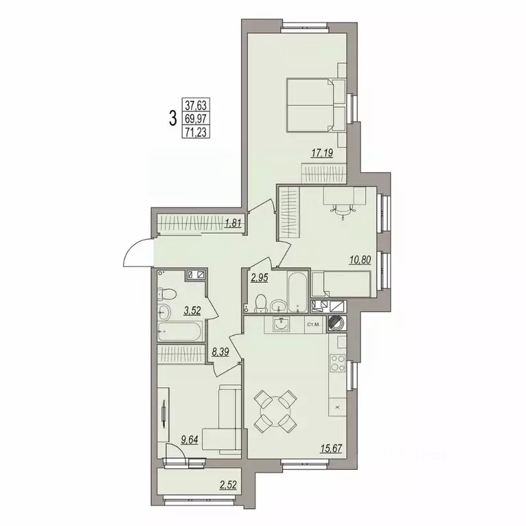 3-к кв. Волгоградская область, Волгоград ул. Дымченко, 9 (71.23 м) - Фото 1