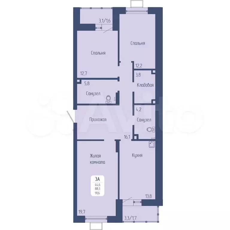 3-к. квартира, 91,6 м, 7/17 эт. - Фото 0