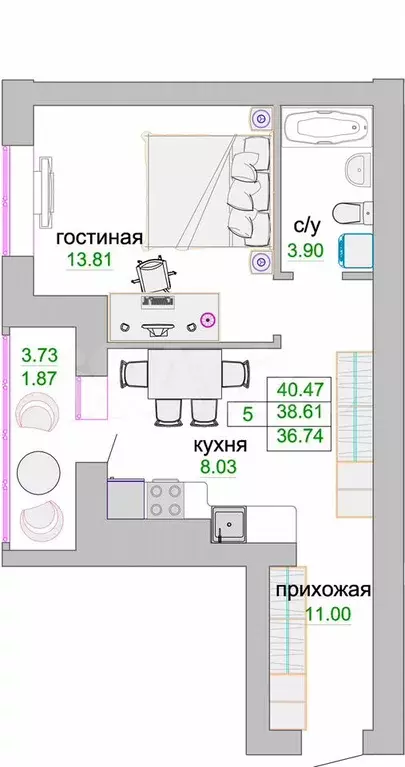 1-к. квартира, 39,1 м, 1/9 эт. - Фото 1