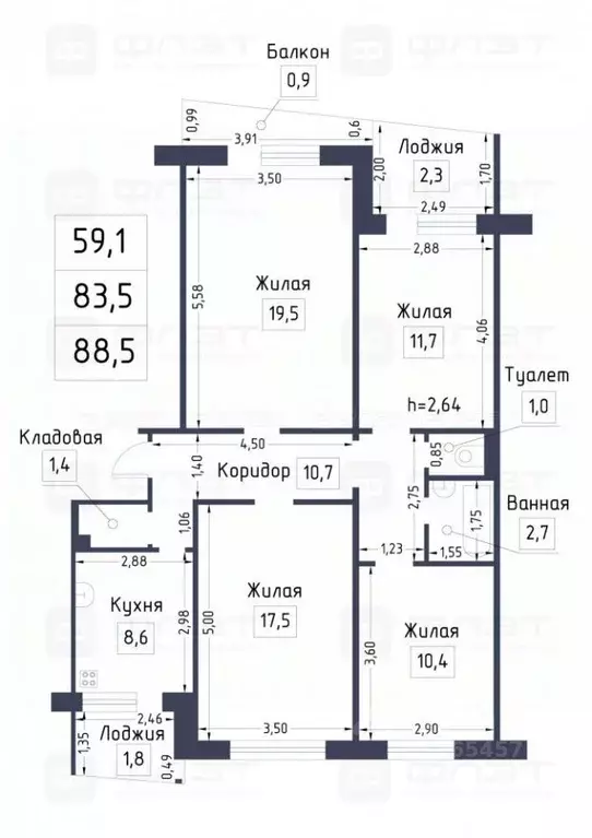 4-к кв. Татарстан, Казань ул. Юлиуса Фучика, 2 (88.5 м) - Фото 1
