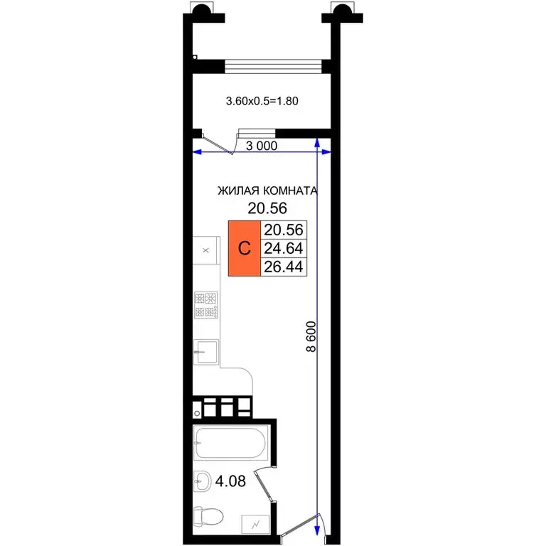 Квартира-студия: Новороссийск, микрорайон 5-я Бригада (26.44 м) - Фото 0