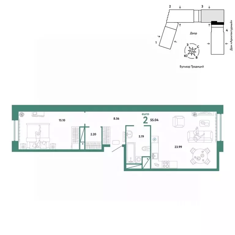 2-к кв. Тюменская область, Тюмень ул. Новоселов, 98 (55.04 м) - Фото 0