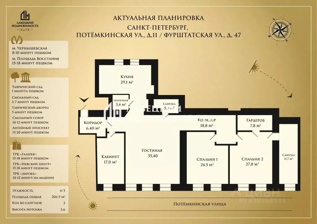 4-к кв. Санкт-Петербург Потемкинская ул., 11/47 (206.9 м) - Фото 2