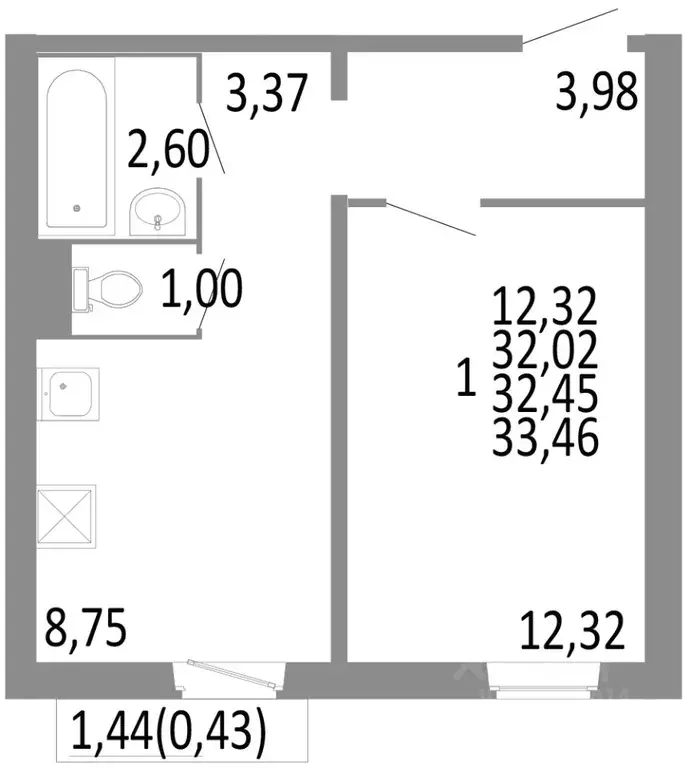 1-к кв. Челябинская область, Челябинск ул. Блюхера, 125Б (32.45 м) - Фото 0