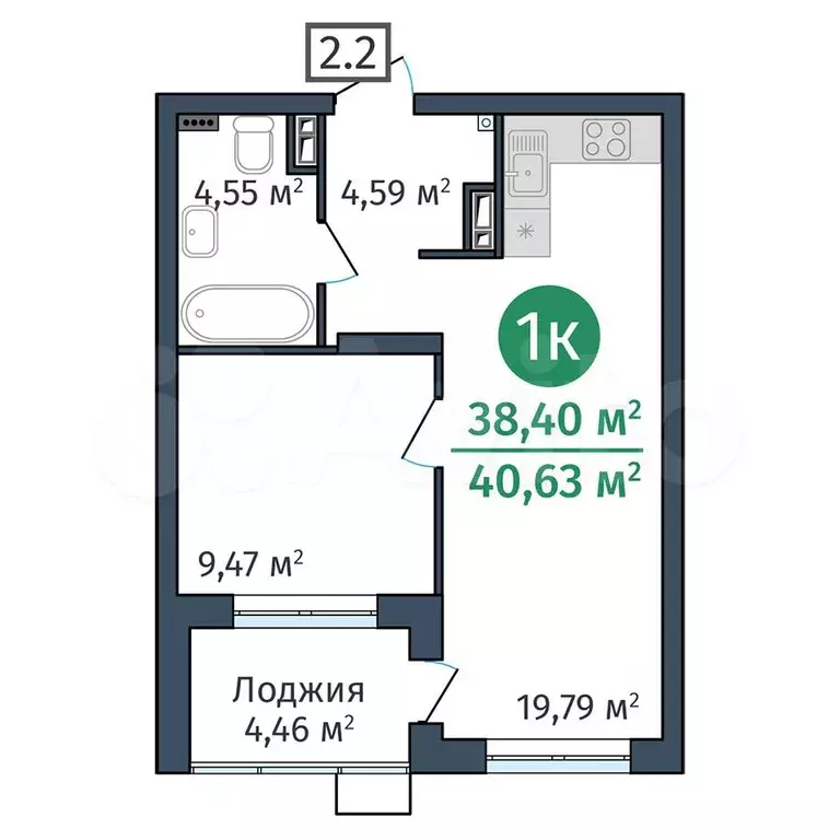 1-к. квартира, 38,4 м, 8/25 эт. - Фото 0