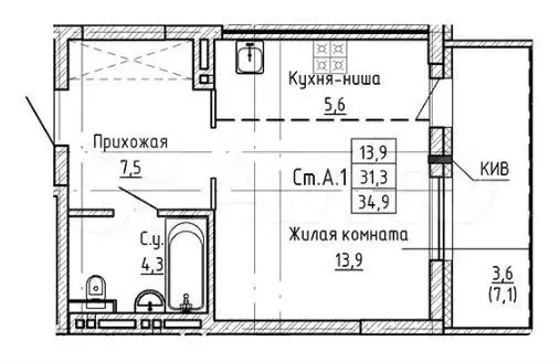 Квартира-студия, 34,9 м, 3/23 эт. - Фото 0