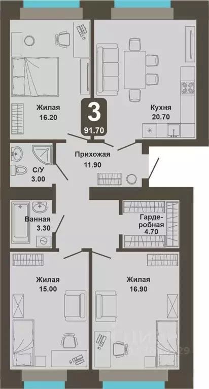 3-к кв. Чувашия, Чебоксары ул. И.П. Прокопьева (91.7 м) - Фото 1