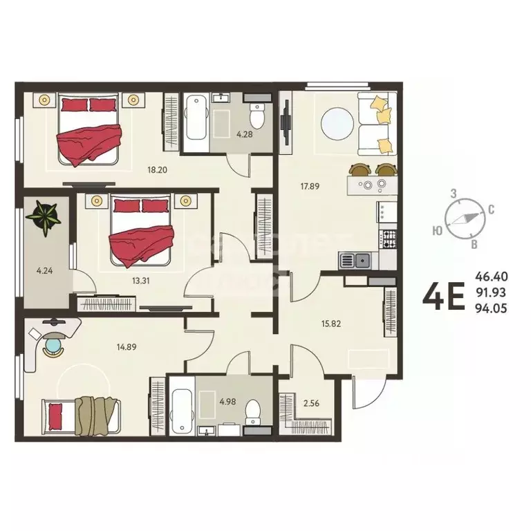 3-к кв. Курская область, Курск ул. Энгельса, 115 (94.05 м) - Фото 2