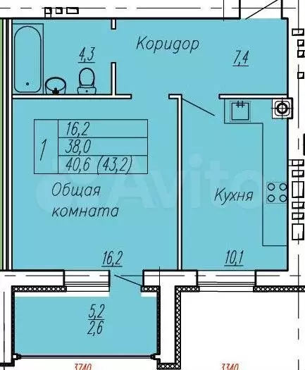 1-к. квартира, 40,8 м, 1/7 эт. - Фото 0