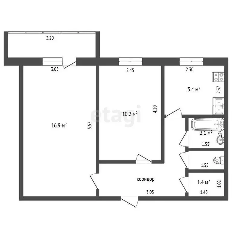 2-комнатная квартира: Тюмень, улица Воровского, 31 (43.9 м) - Фото 0