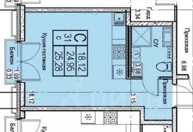 Студия Санкт-Петербург ул. Профессора Попова, 38 (26.04 м) - Фото 1
